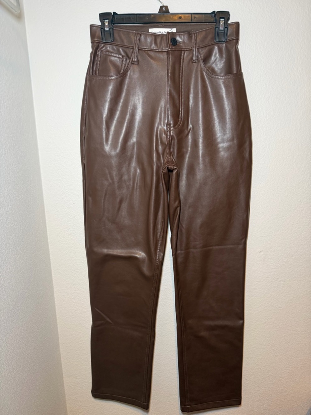 Size 26 Abercrombie & Fitch Brown Faux-Leather High-Rise Straight-Leg Pants Moto